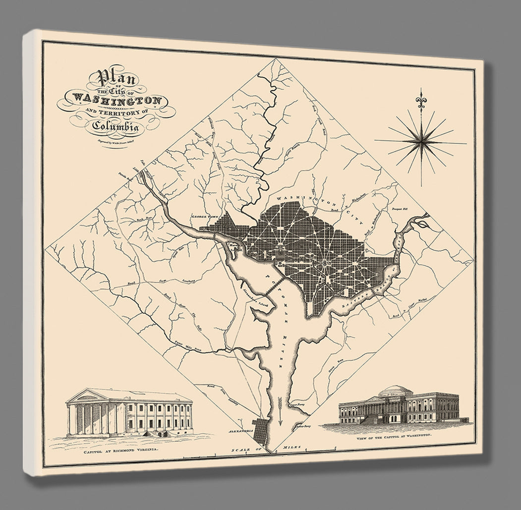 A stretched canvas print of a vintage map of Washington DC, with capitol building illustrations at the bottom