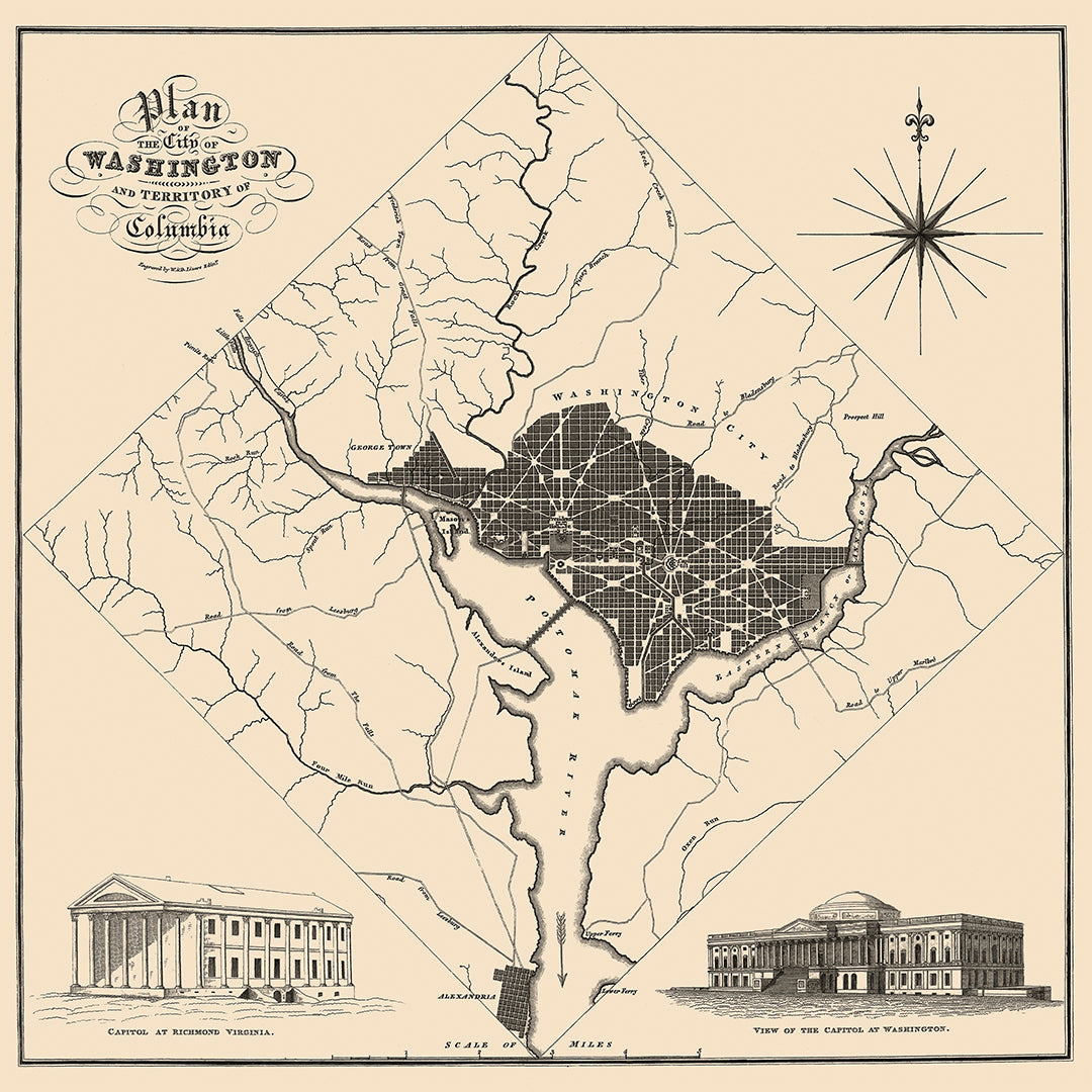 A minimalist vintage map of Washington, DC, with illustrations of the capitol buildings of Richmond and DC at the bottom
