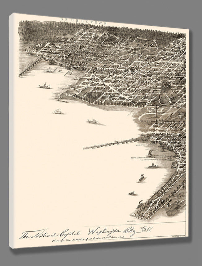 A digital rendering of a stretched canvas print of a vintage Washington, DC map