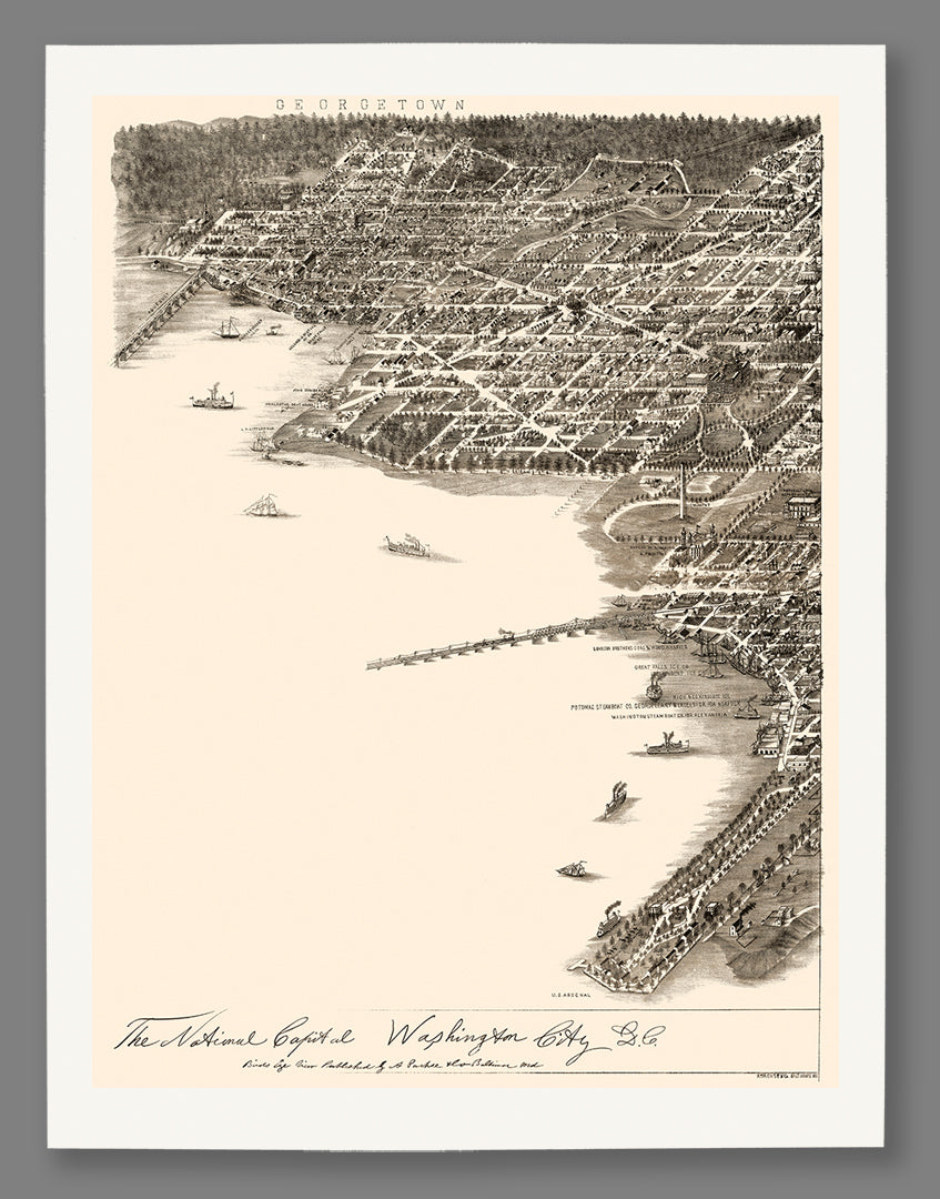 A fine art print on paper featuring a vintage birds eye view map of Washington DC along the Potomac