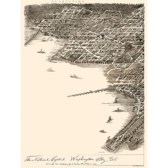 A vintage birds eye view of the National Capitol of Washington, DC and its surrounding harbors