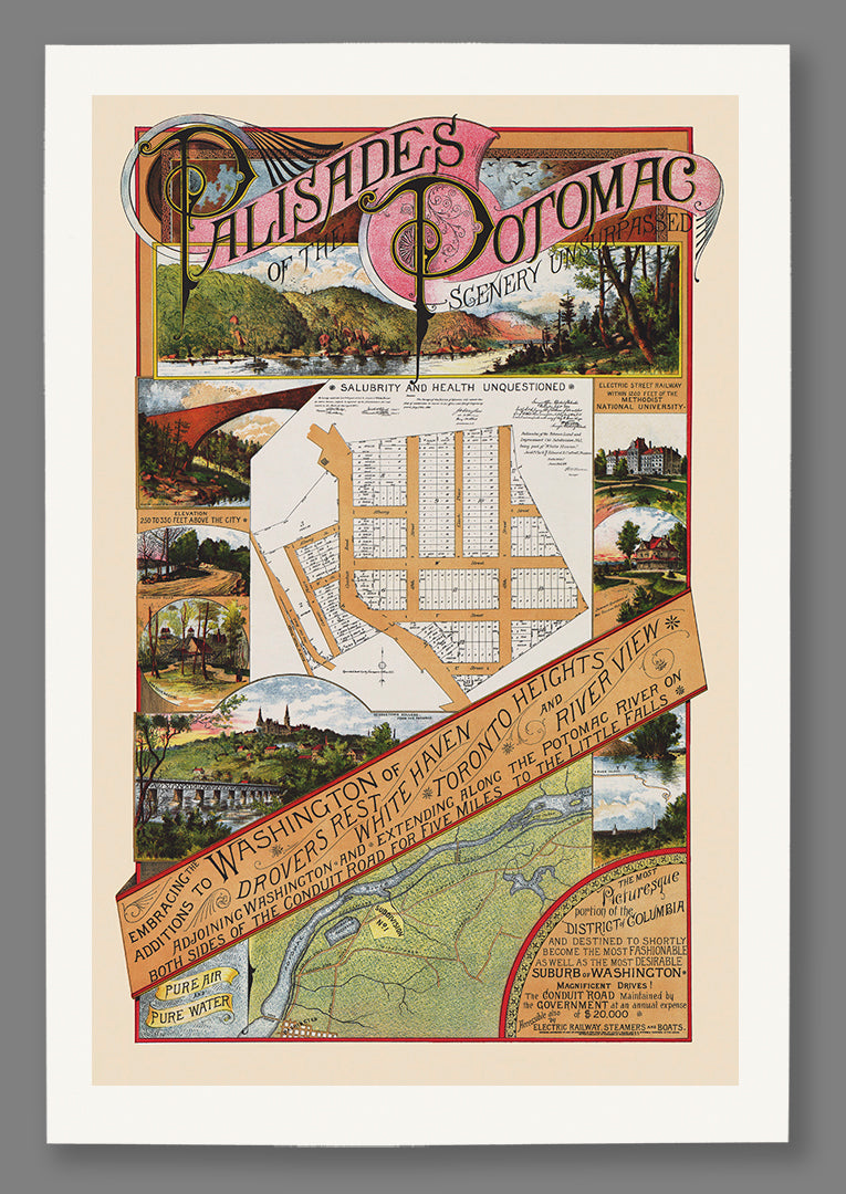 A fine art paper print featuring an 1890 map of the Palisades of the Potomac and its scenery