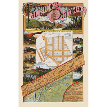 A vintage map with pictorial elements of the Palisades of the Potomac