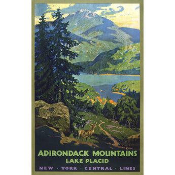 A vintage travel poster advertising the Adirondack Mountains and Lake Placid