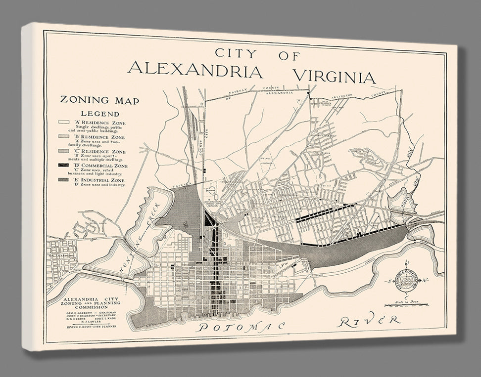 A stretched canvas print mockup, featuring a vintage zoning map of the city of Alexandria, Virginia
