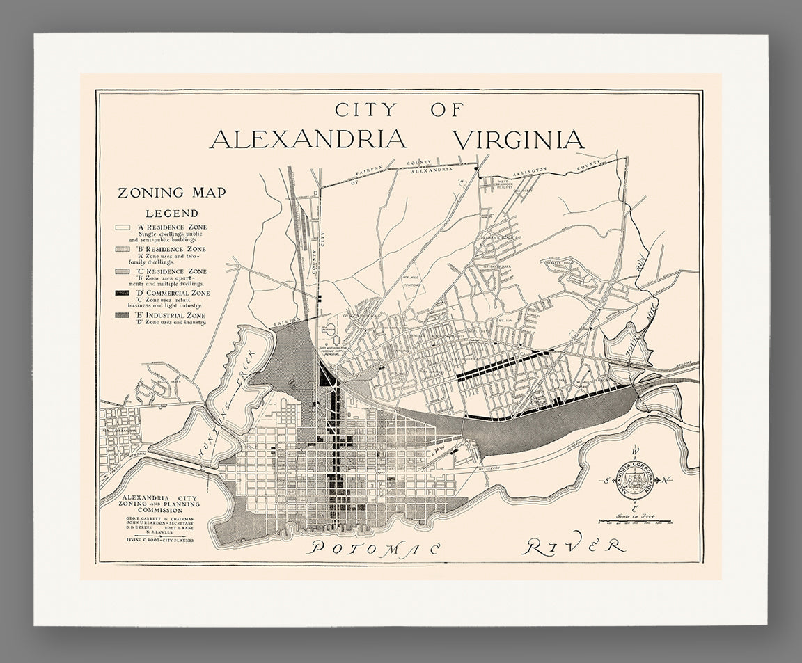 A rendering of a fine art paper print of a vintage map depicting the zoning of Alexandria, Virginia