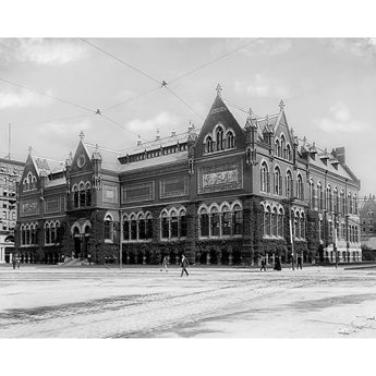 A historic, black and white photograph of an art museum in Boston