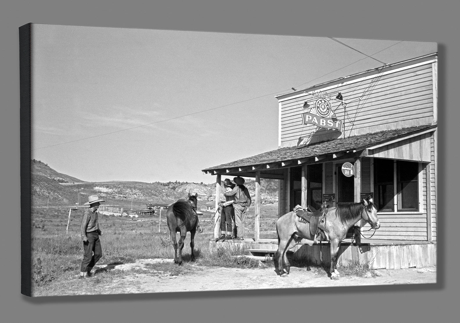 A canvas print reproduction of a vintage photograph of a beer parlor in Montana