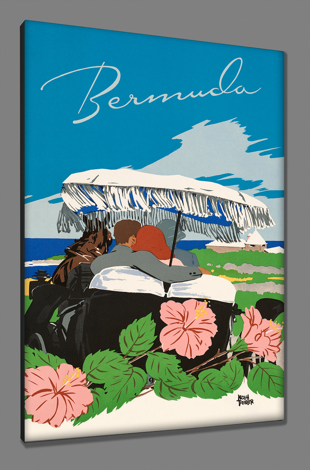 Canvas print mockup of Bermuda travel poster featuring couple in a carriage