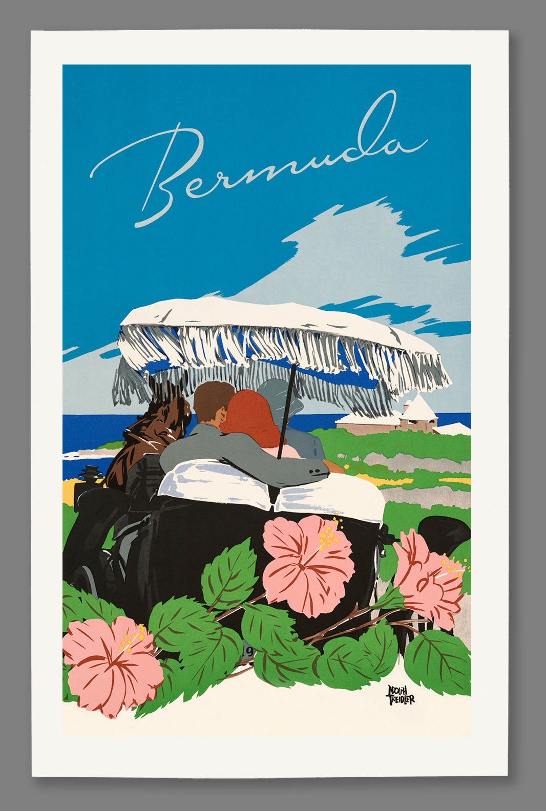 Paper print mockup of Bermuda travel poster featuring couple in a carriage