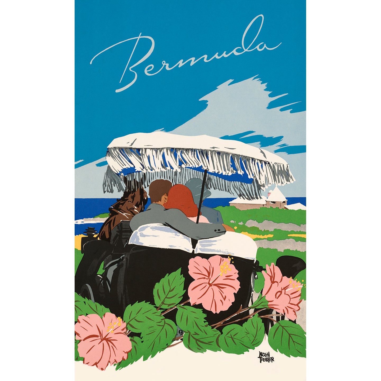 Bermuda travel poster featuring couple in a carriage