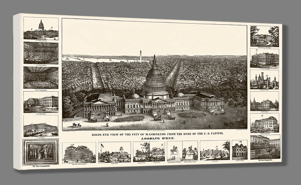 A rendering of a stretched canvas print of a vintage view of Washington DC, featuring numerous highlights of noteworthy buildings around the city