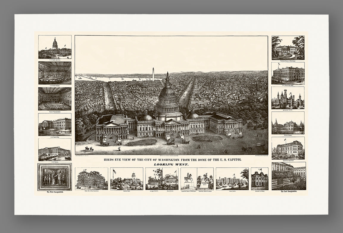 A print on archival paper of a vintage view of Washington, DC with the Capitol Building in the foreground