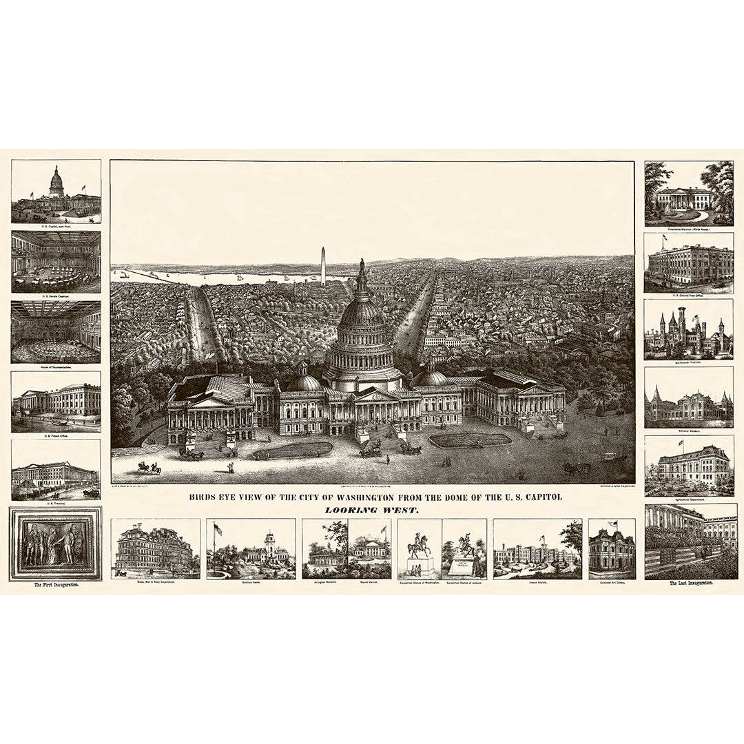 A vintage birds eye view of Washington, DC, featuring highlights of notable city buildings