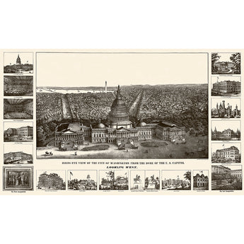 A vintage birds eye view of Washington, DC, featuring highlights of notable city buildings