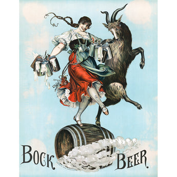 A retro advertisement for Bock Beer featuring a barmaid and a goat