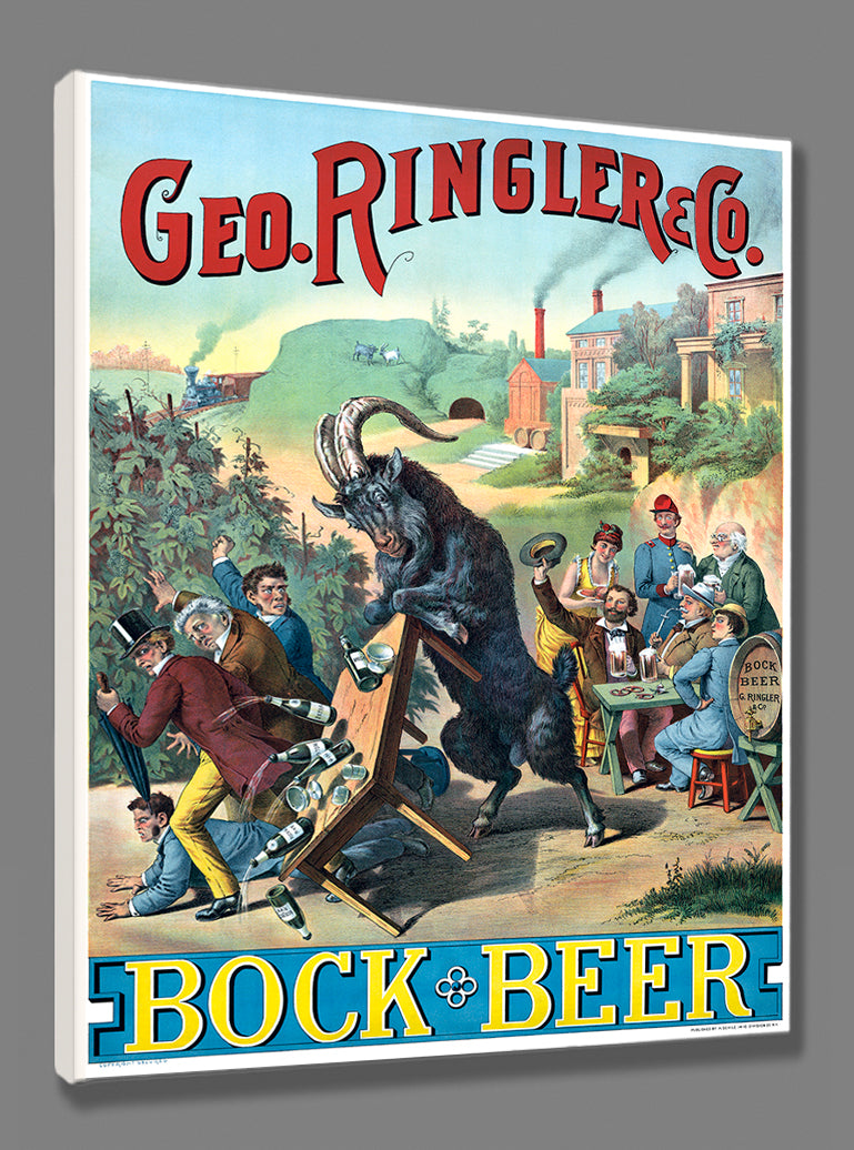 A vintage Bock Beer advertisement, printed on fine art canvas and stretched onto a frame