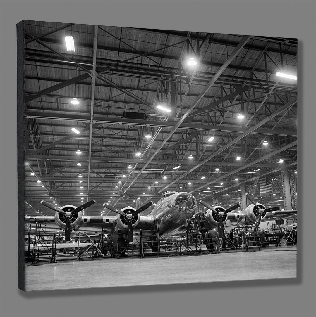 A mockup of a stretched canvas print featuring a photograph of a Boeing Plant in Seattle