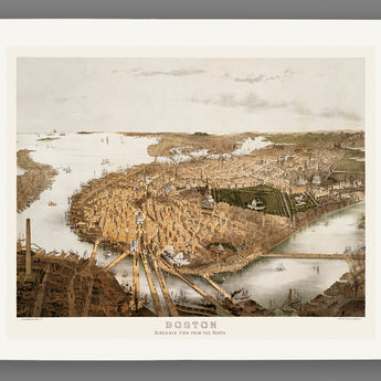 An archival paper print of a vintage Boston map, viewing Boston and the surrounding area from the north