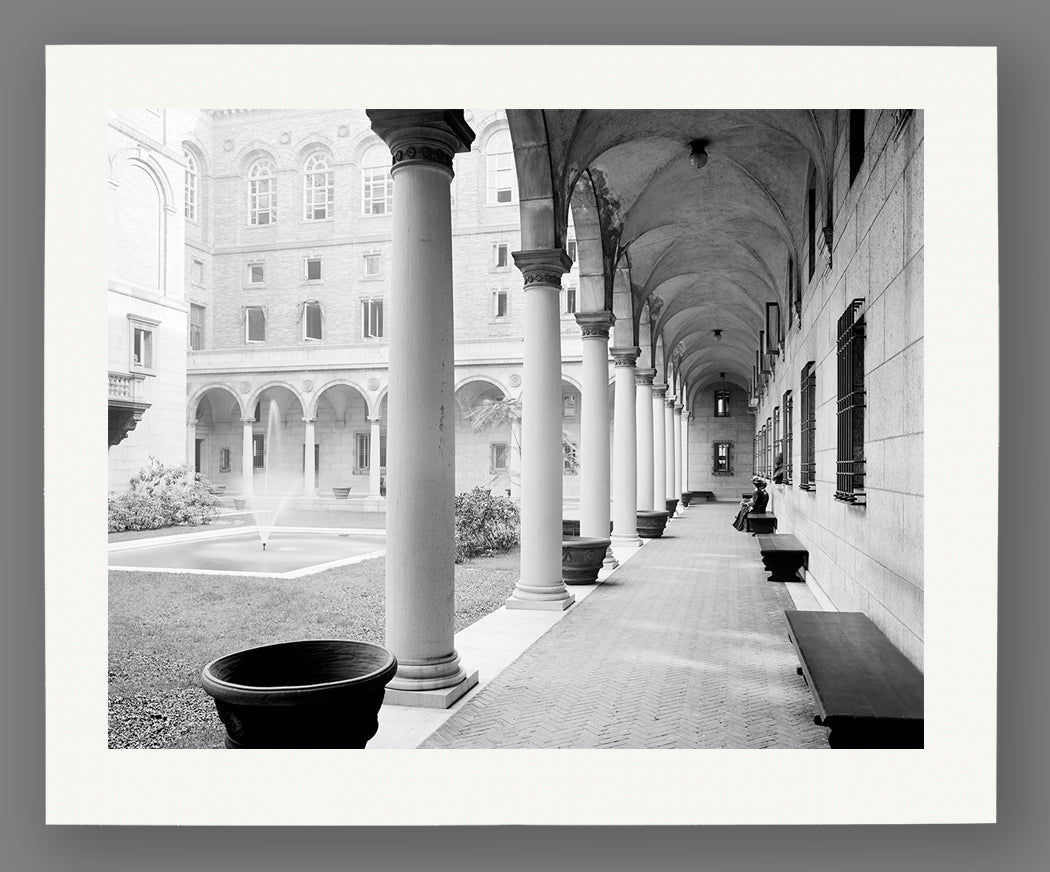 A reproduction print on paper of a vintage image featuring Boston's Public Library Courtyard