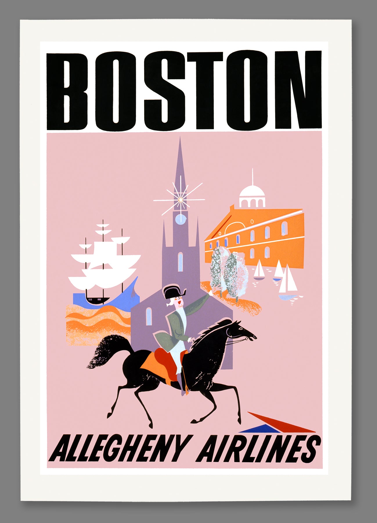 A print on paper of a vintage Boston travel poster