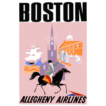 A colorful vintage travel poster advertising travel to Boston, featuring several landmarks