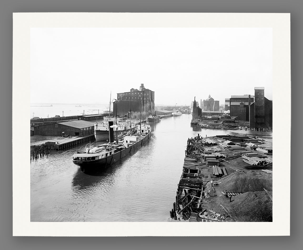 A fine art paper print of a Buffalo, New York photograph showing a ship arriving at the pier
