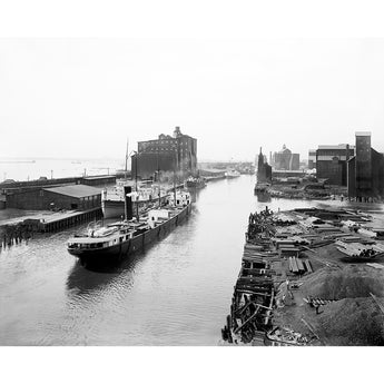 A vintage snapshot of a pier in Buffalo, New York, with ships arriving and docked