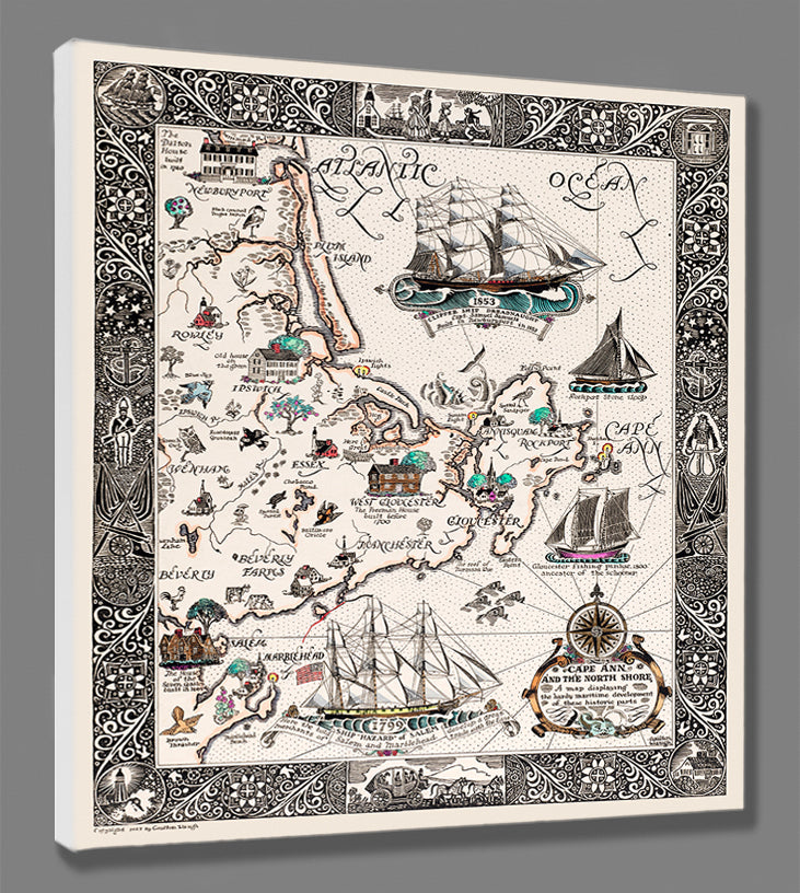 A digital mockup of a stretched canvas print of a vintage Cape Ann map