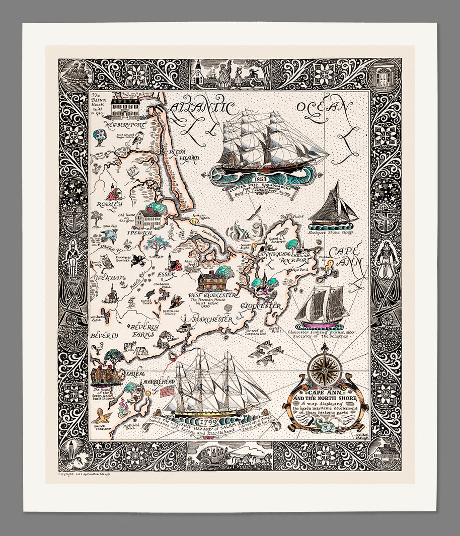 Decorative map with ships and decorative elements on a white background, printed on archival paper