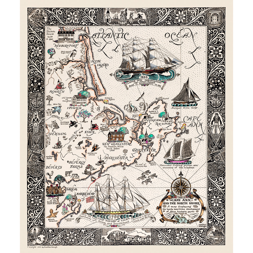 Vintage map of Cape Ann with ships and decorative elements on a beige background