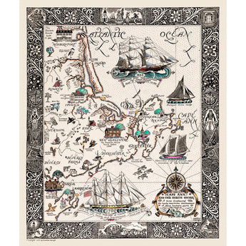Vintage map of Cape Ann with ships and decorative elements on a beige background