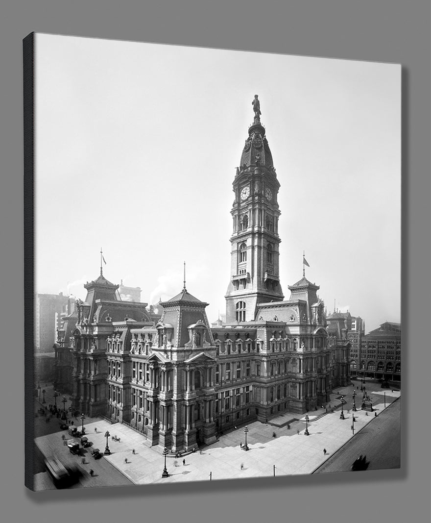 A digital rendering of a canvas print of a restored photograph of City Hall in Philly