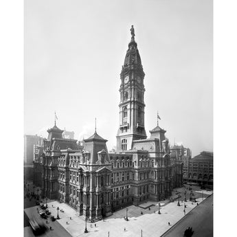 A restored, vintage, black and white photograph of City Hall in Philadelphia