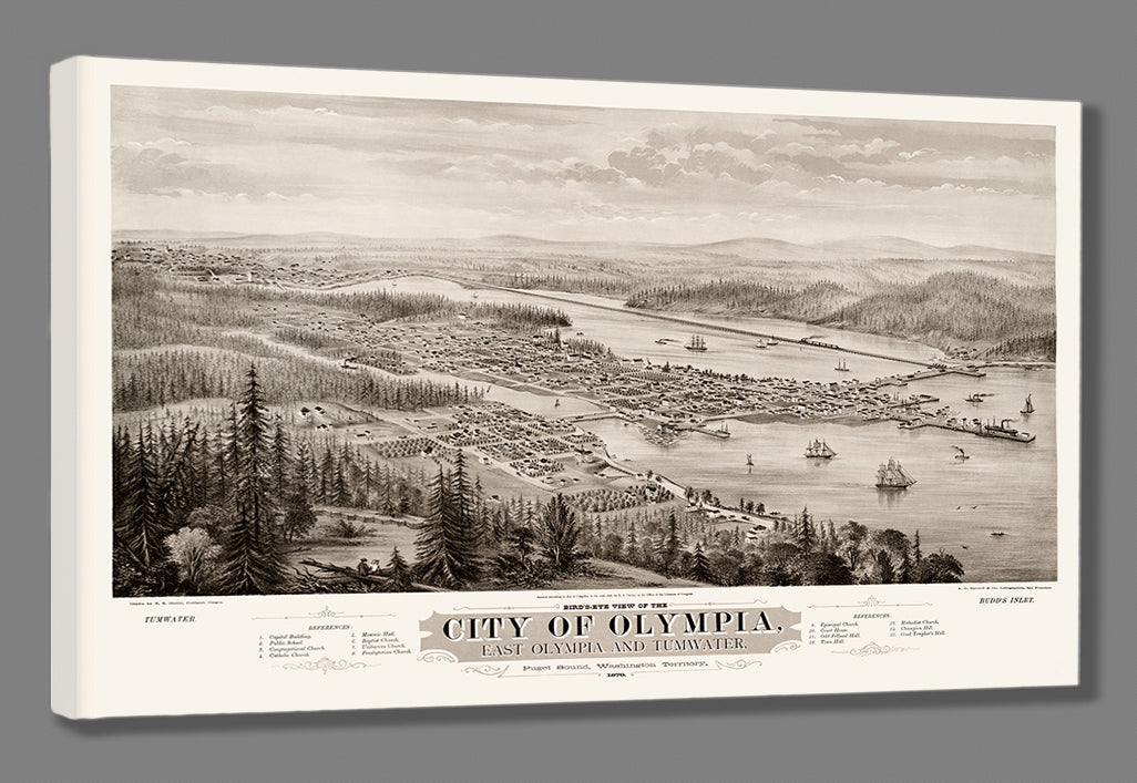 A stretched canvas print of a restored vintage pictorial map showing the City of Olympia