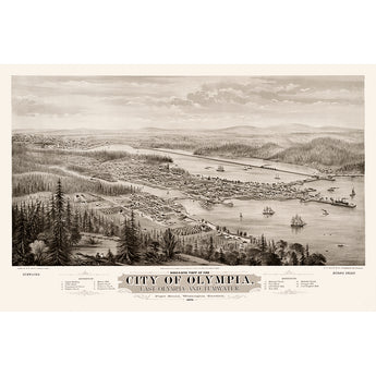 A restored birds eye view map of the City of Olympia