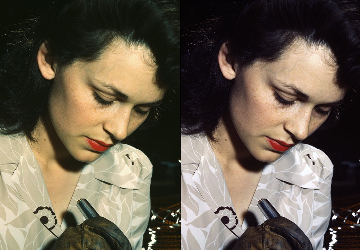 A side by side comparsion of before and after digitally restoring a color photograph