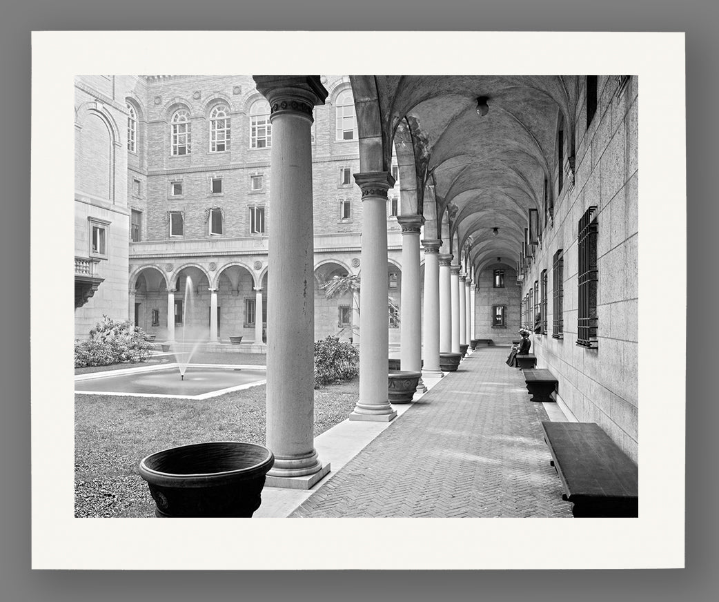 A print on paper of a vintage image featuring the Boston Public Library's courtyard