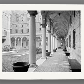 A print on paper of a vintage image featuring the Boston Public Library's courtyard