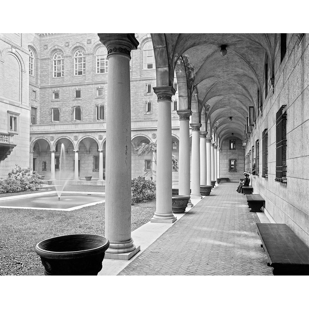 A vintage photograph of the courtyard at the Boston Public Library