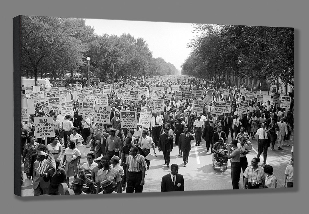 A mockup of a stretched canvas print of a historic March on Washington photograph
