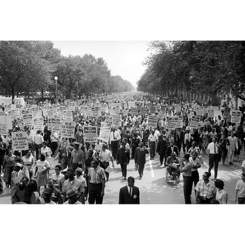 Large crowd of protesters marching with signs on a tree-lined street during the March on Washington.