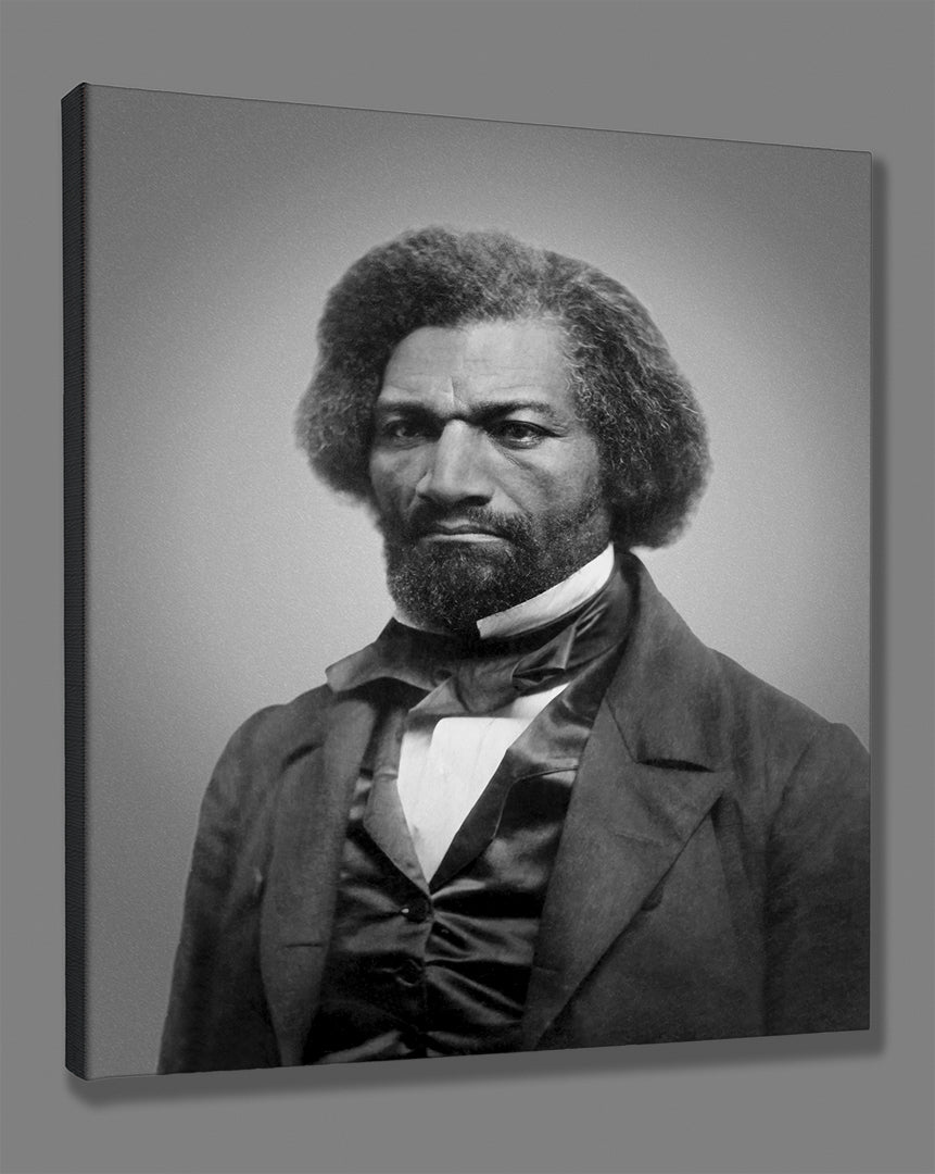 A digital mockup of a stretched canvas print of a portrait photograph of Frederick Douglass