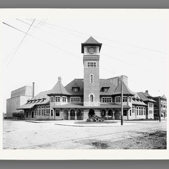 A mockup of a fine art paper print of a vintage photo of Grand Trunk Station in Portland, Maine