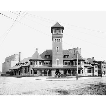 A vintage, black and white photograph of Portland, Maine's Grand Trunk Station