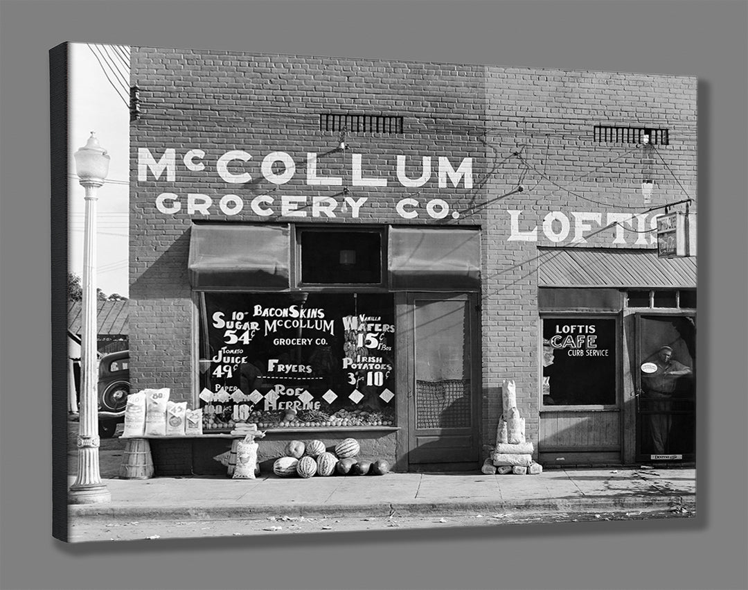 A stretched canvas print of a Walker Evans photo, featuring the front of a grocery store in Alabama