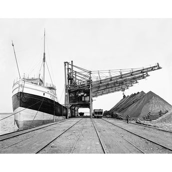 A vintage image depicting a ship at Hannas Ore Plant in Erie, Pennsylvania