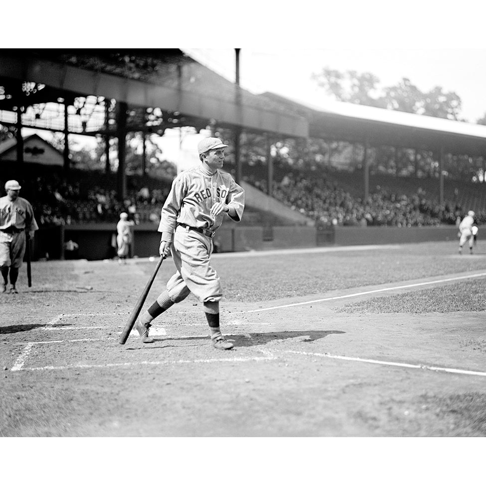 A black and white vintage photograph of Harry Hooper batting for the Boston Red Sox