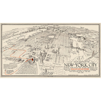 A restored vintage map of New York City with directions to Herald Square Hotel