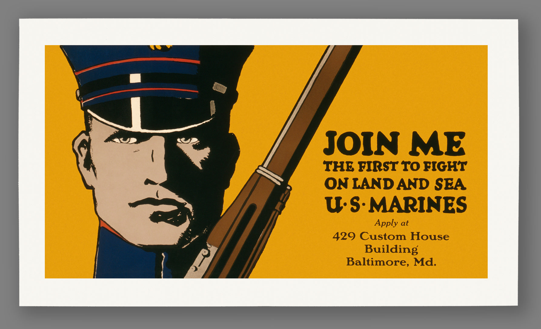 A paper print reproduction of a vintage military poster advertising the Marine Corps